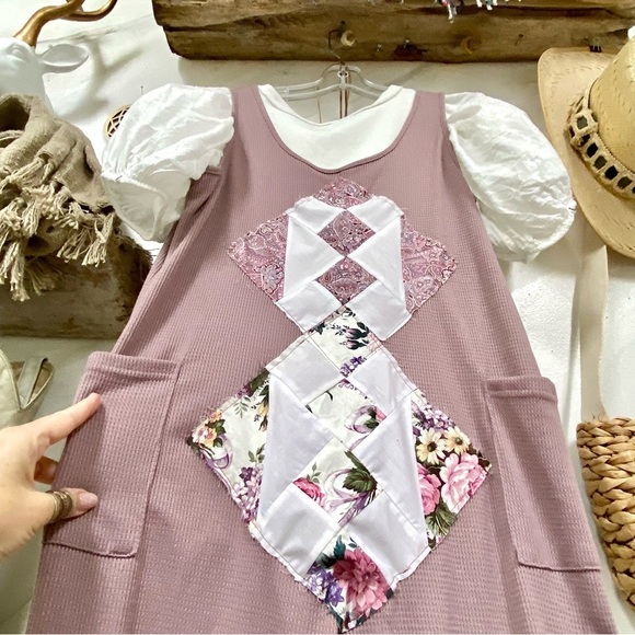 Farmhouse Patchwork dusty blush waffle boho prairie artisan Jumpsuit - Picture 3 of 10